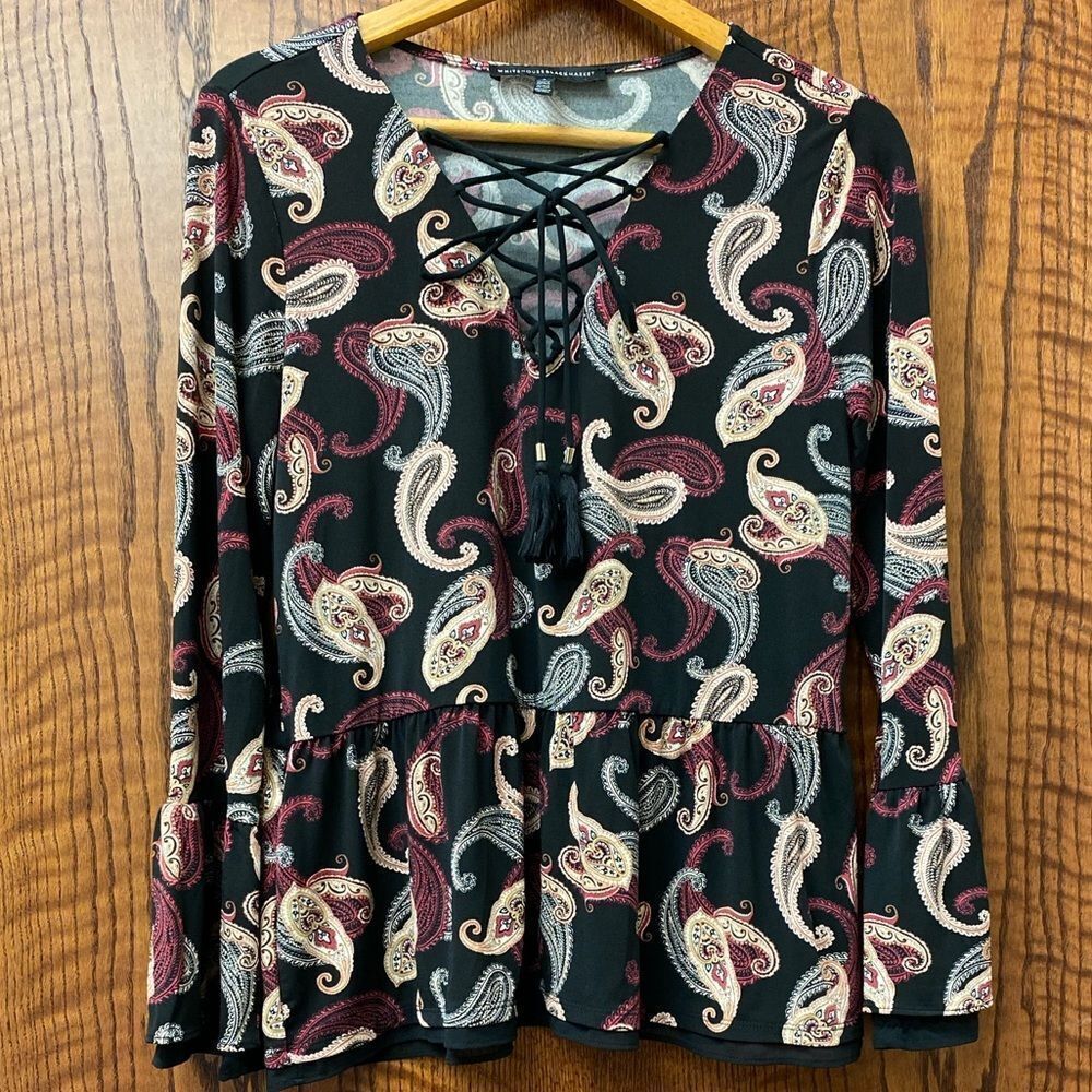 WHITE House Black Market wine red paisley lace‎ up neck peplum top